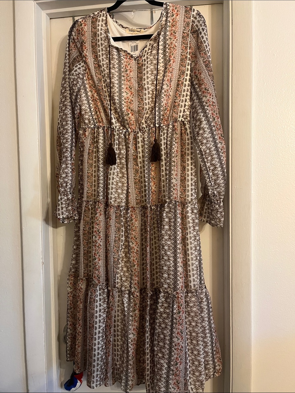 Boho Tiered Long Sleeve Maxi Dress in Cream and Brown